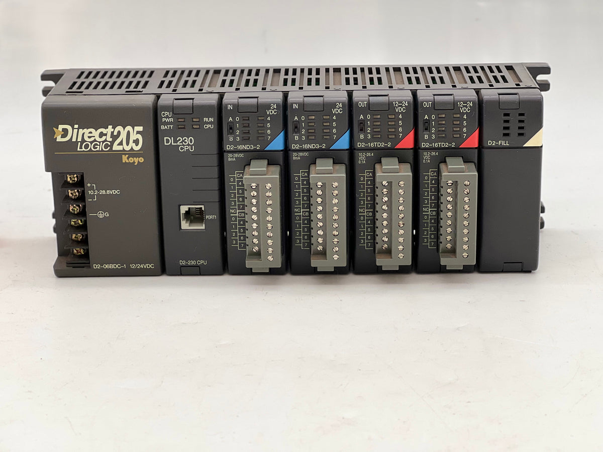 Automation Direct D2-06BDC-1 Direct Logic 205 Koyo Power Supply w/ DL230  CPU, 6 Modules (Used)