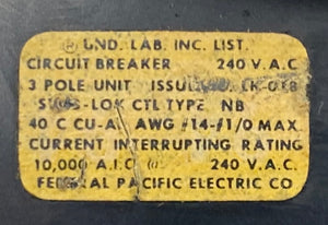 FPE CTL Type NB Stab-Lok Circuit Breaker 100A 240V 3-Pole (Used)